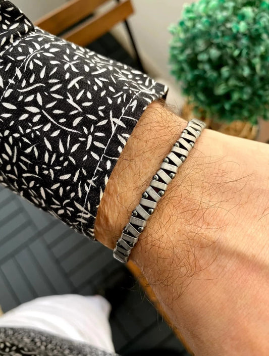 Handcrafted Zigzag Hematite Bracelet for Men - Unique Magnetic Healing Jewelry, Matte Silver, Best Anniversary Gift, Men's accessories