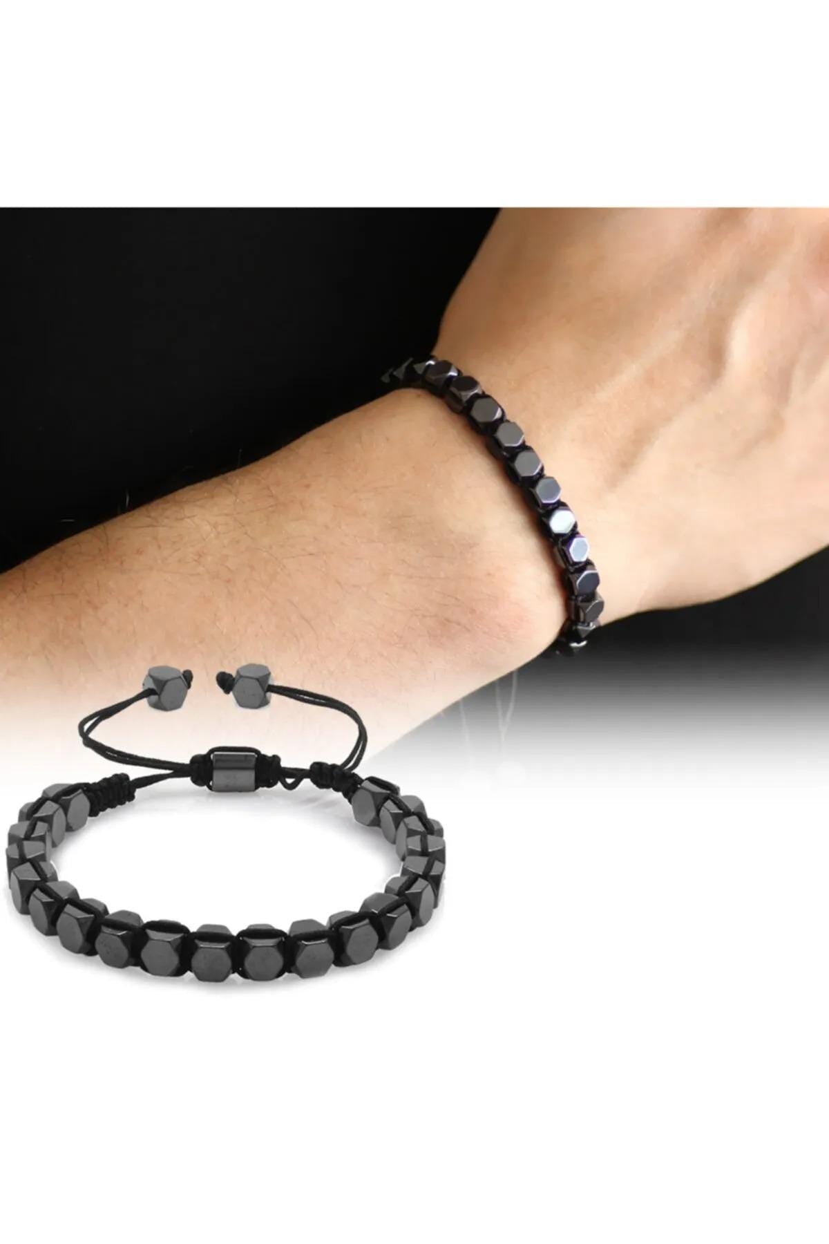 Men's Hexagonal Hematite Natural Stone Bracelet – Sleek Macrame Design
