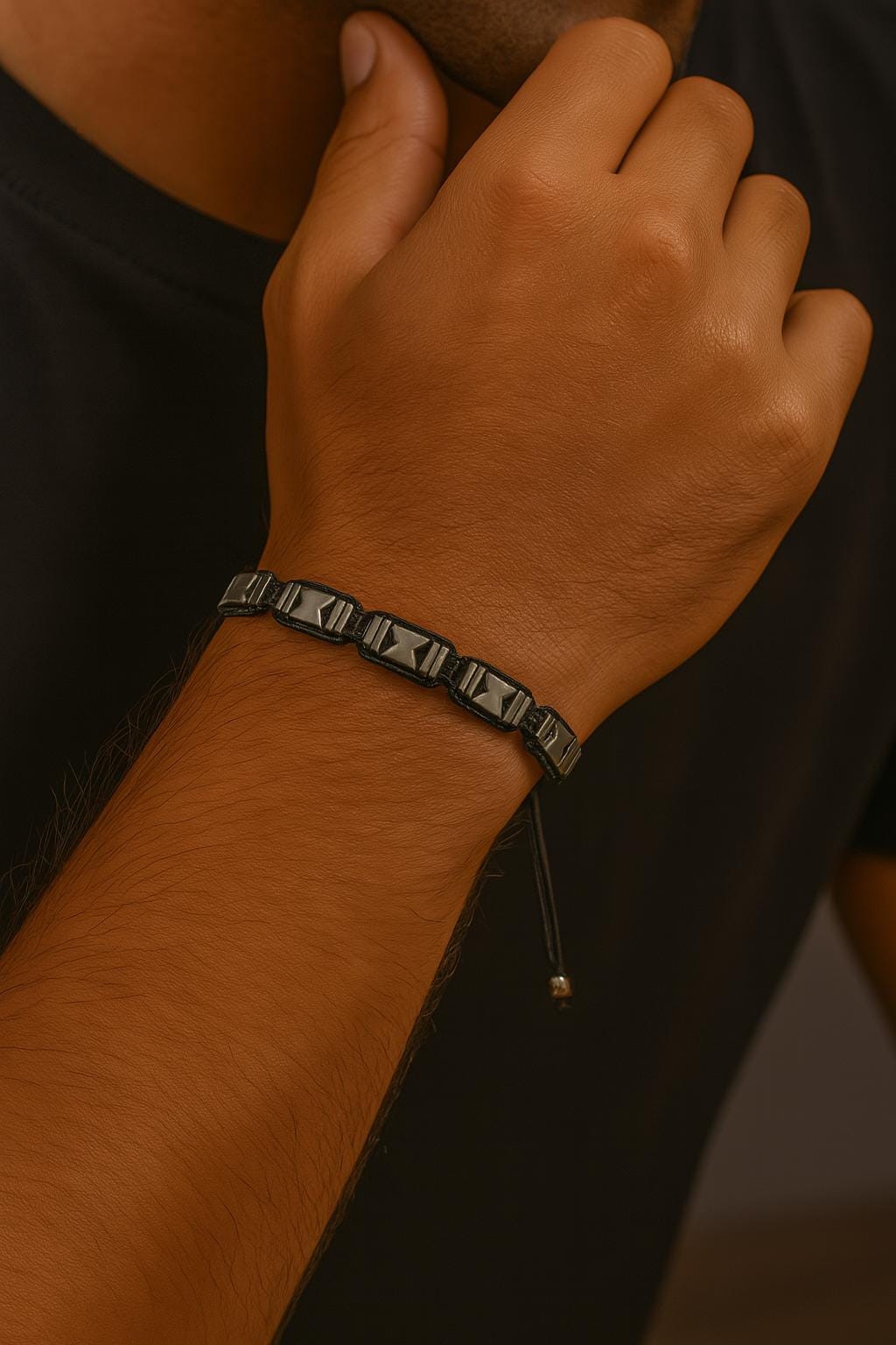 Men's Black Hematite Macrame Bracelet: Symmetrical Braided Stone Design