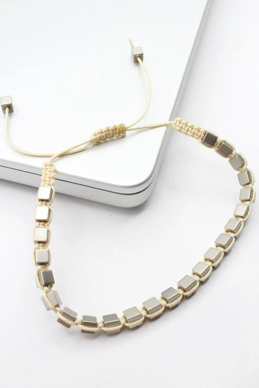 Handmade Cream Macrame Bracelet: Hematite Cube Stone, Adjustable Fit