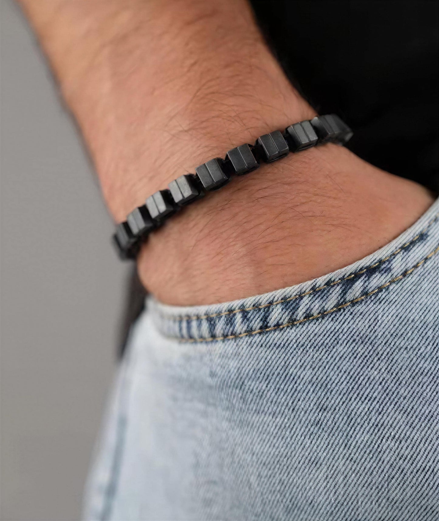 Men's Matte Black Hematite Bracelet - Minimalist Magnetic Stone Wristwear