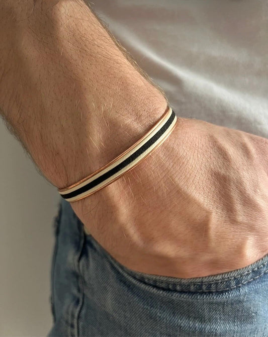 Handcrafted Men’s Leather Bracelet – Genuine Leather with Hematite Stone & Copper Accents | Adjustable Designer Wristwear