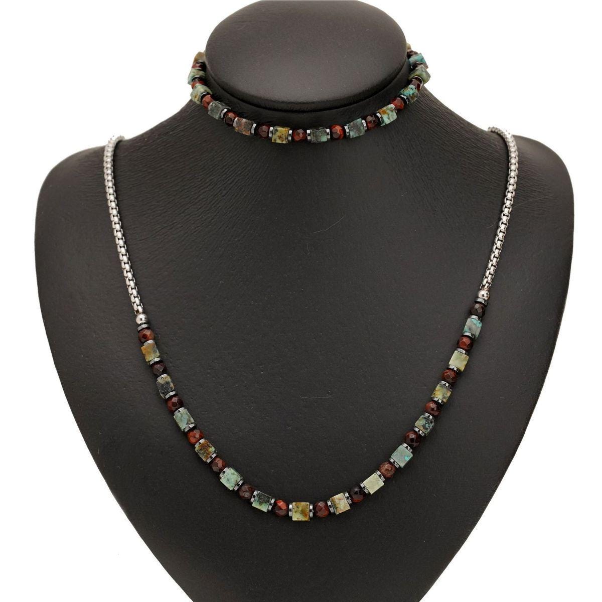 Men’s Natural Gemstone Necklace & Bracelet Set – African Turquoise and Red Tiger Eye Beads –Boho Minimalist Jewelry Set