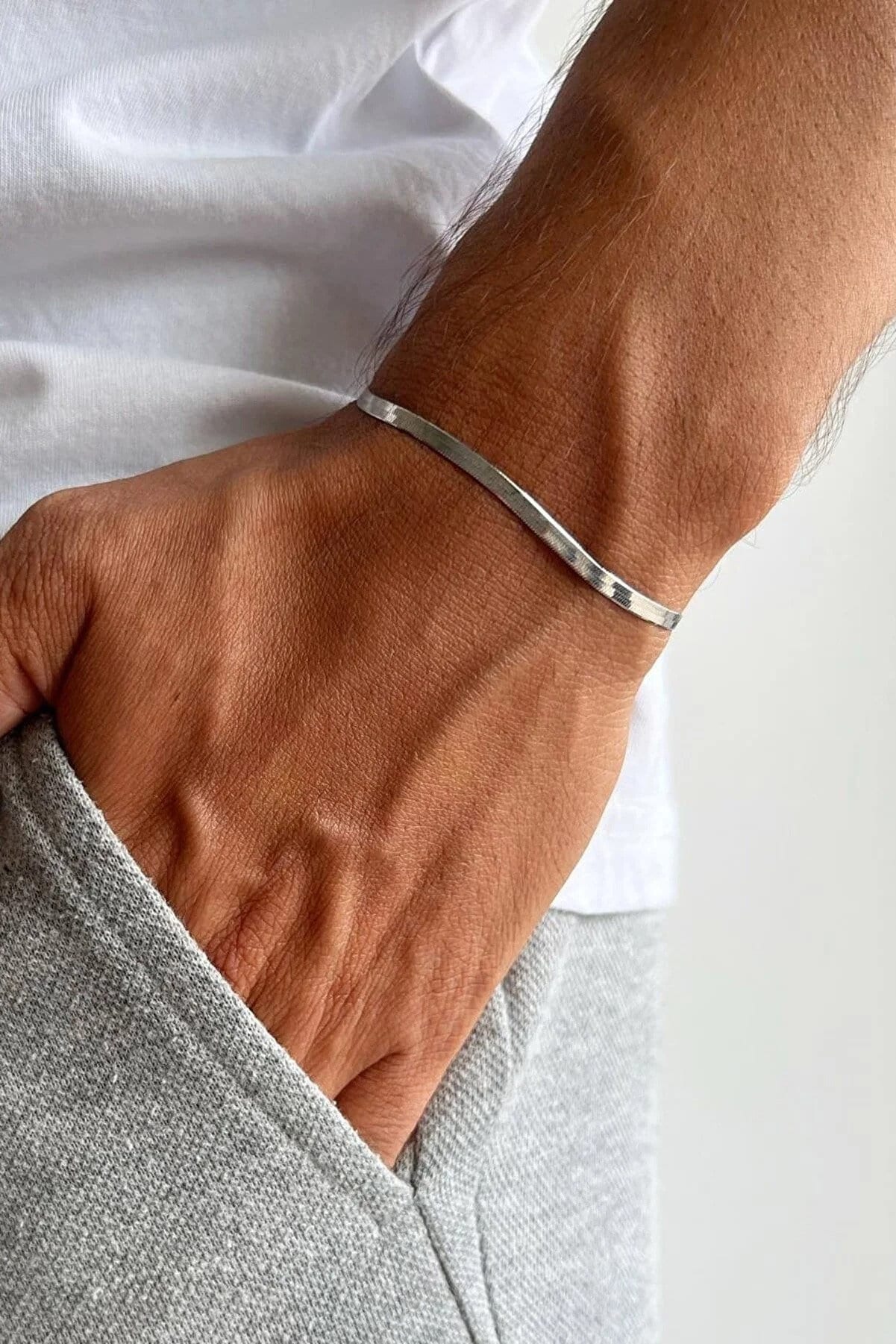 Unisex Tarnish Free Flat Italian Chain Silver Steel Bracelet