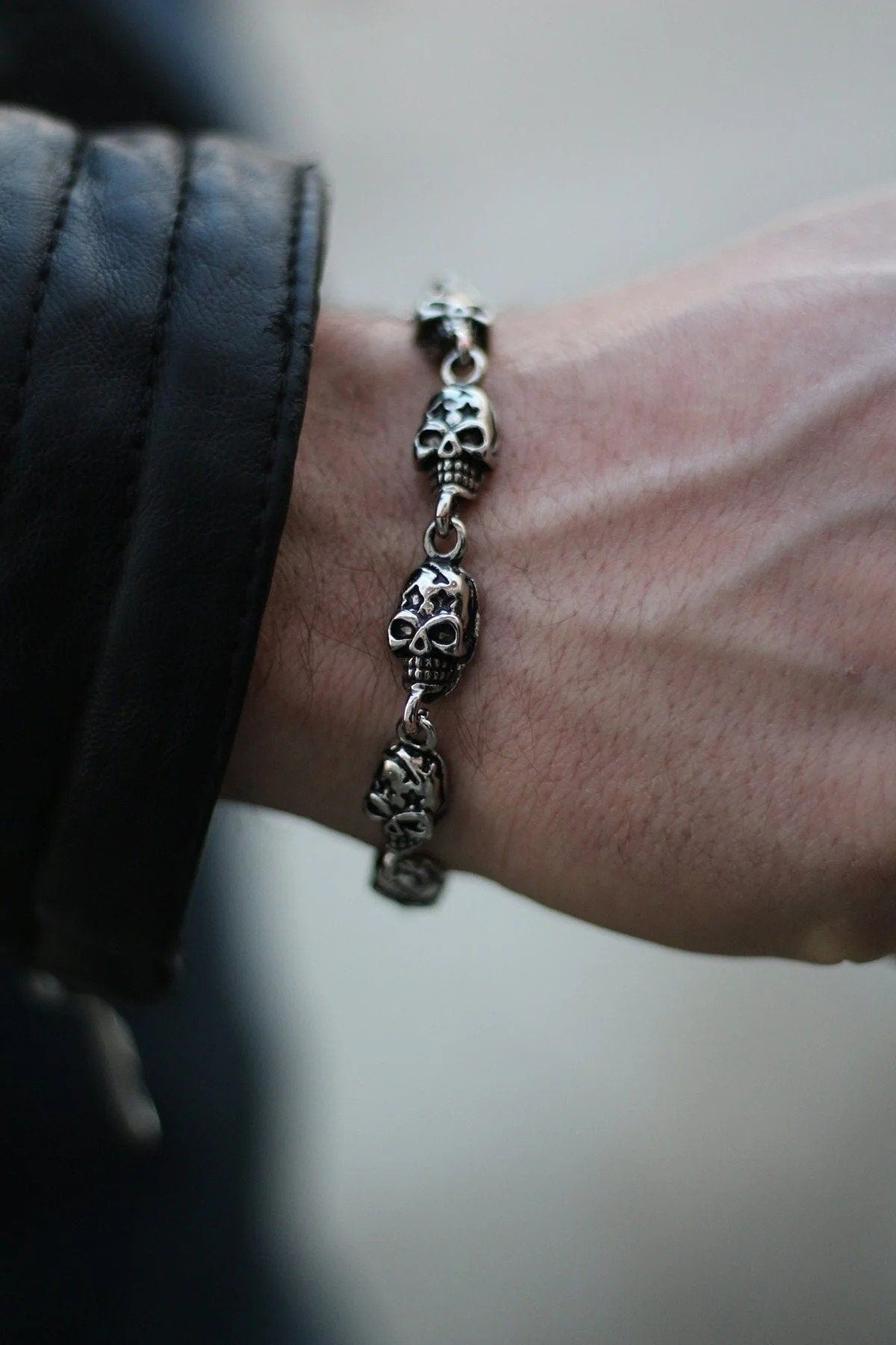 Men’s Bracelet,Skull Gothic Design,Silver Color