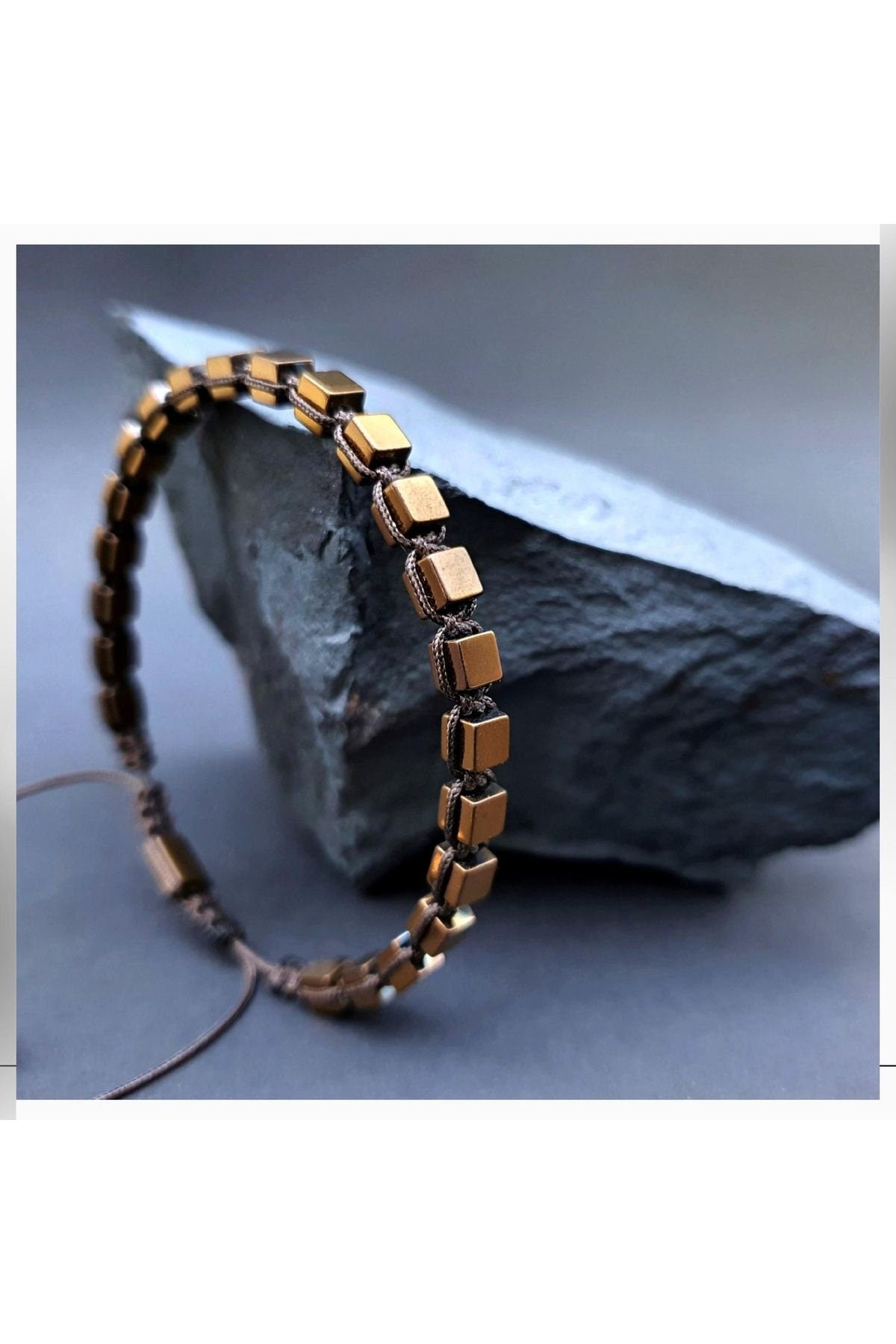 Handmade Hematite Natural Stone Macrame Bracelet - Copper Color Cube Model, Stylish and Modern Best Gift For Everyone