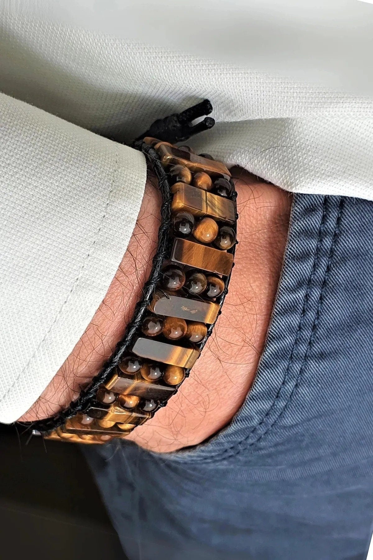 Tiger Eye Natural Stone, Leather Adjustable Handcrafted Bracelet