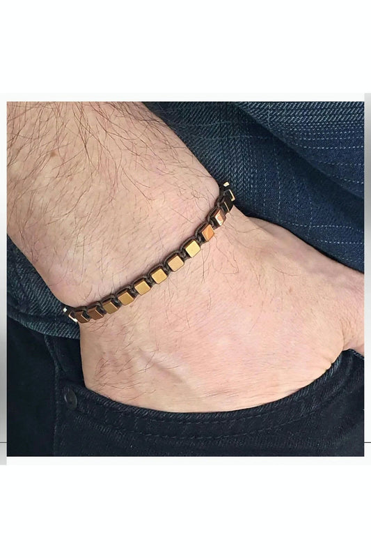 Handmade Hematite Natural Stone Macrame Bracelet - Copper Color Cube Model, Stylish and Modern Best Gift For Everyone
