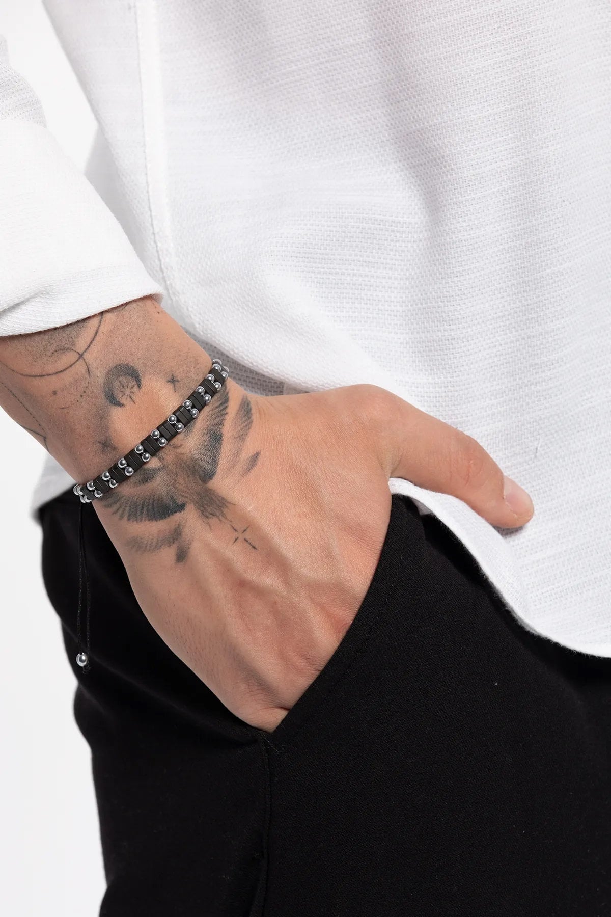 Handcrafted Black and Silver Hematite Bracelet for Men