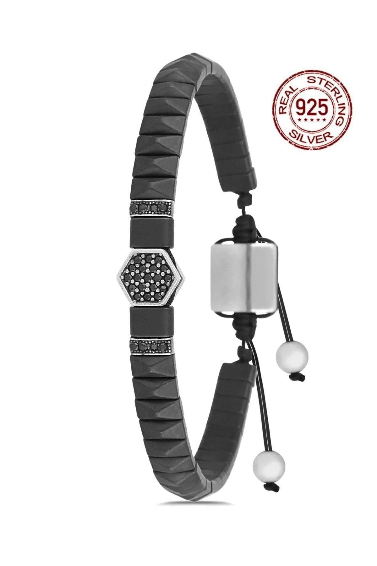 Men's Silver Bracelet 925 Adjustable Zircon Engraved Hematite Natural Stone Handcrafted Bracelet