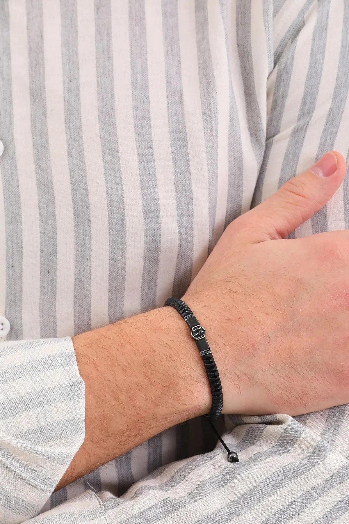 Men's Silver Bracelet 925 Adjustable Zircon Engraved Hematite Natural Stone Handcrafted Bracelet