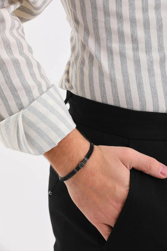 Men's Silver Bracelet 925 Adjustable Zircon Engraved Hematite Natural Stone Handcrafted Bracelet