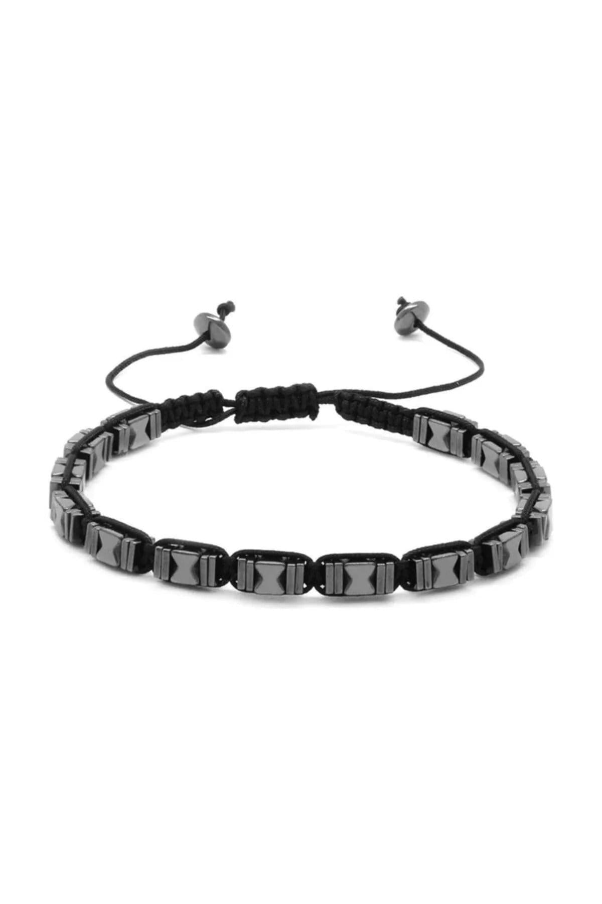 Men's Black Hematite Macrame Bracelet: Symmetrical Braided Stone Design
