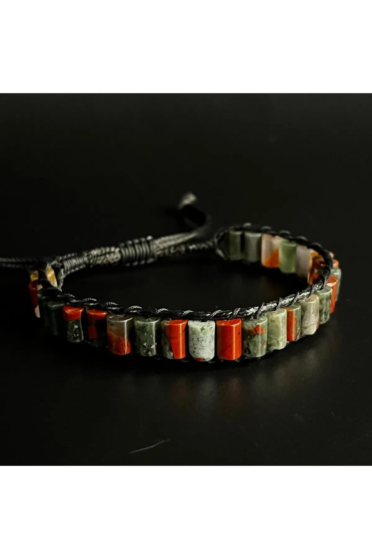 Bloodstone Cylinder Cut Macrame Natural Stone Leather Bracelet Unisex