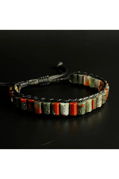 Bloodstone Cylinder Cut Macrame Natural Stone Leather Bracelet Unisex