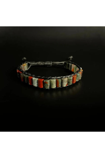 Bloodstone Cylinder Cut Macrame Natural Stone Leather Bracelet Unisex