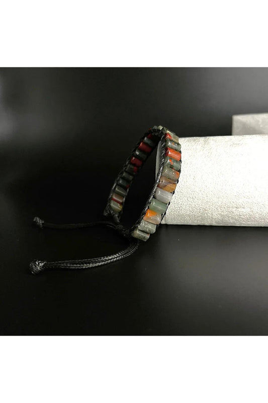 Bloodstone Cylinder Cut Macrame Natural Stone Leather Bracelet Unisex