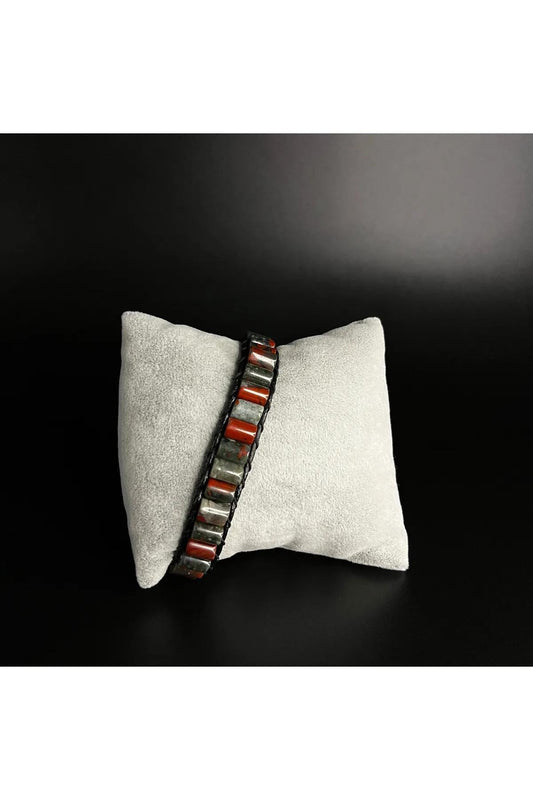 Bloodstone Cylinder Cut Macrame Natural Stone Leather Bracelet Unisex