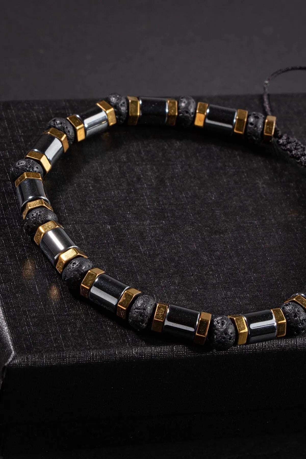 Handmade Black Bracelet with Natural Hematite and Lava Stones