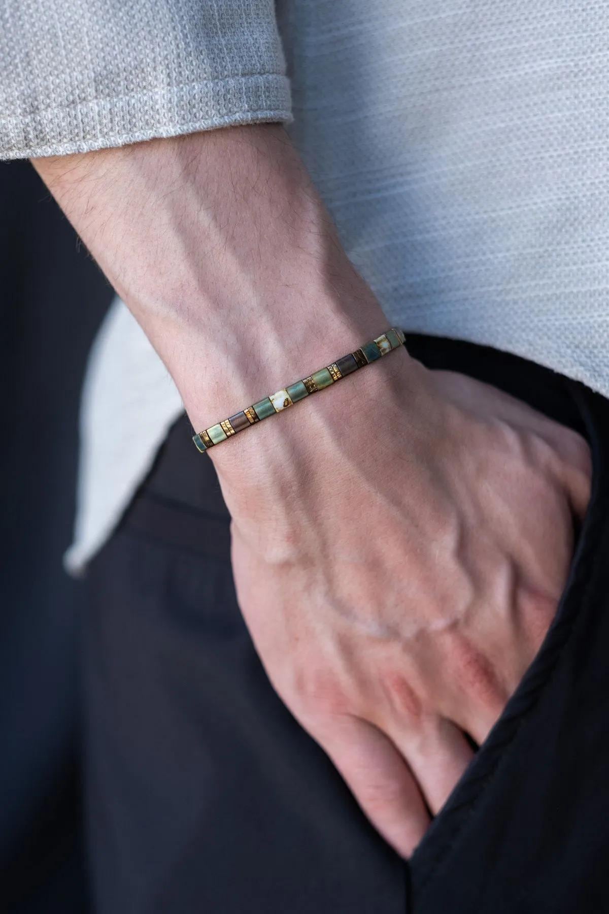 Handmade Aqua Green Unisex Bracelet with Rectangular-Cut Natural Stones
