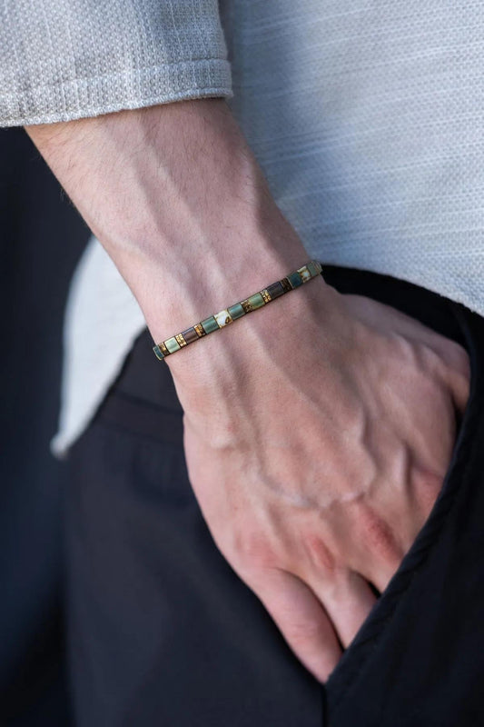 Handmade Aqua Green Unisex Bracelet with Rectangular-Cut Natural Stones