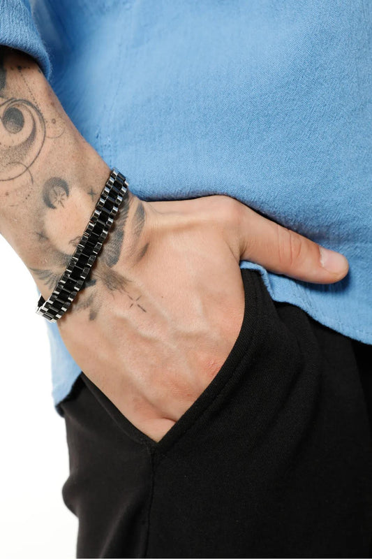 Timeless Sophistication: Silver and Black  Steel Men's Bracelet