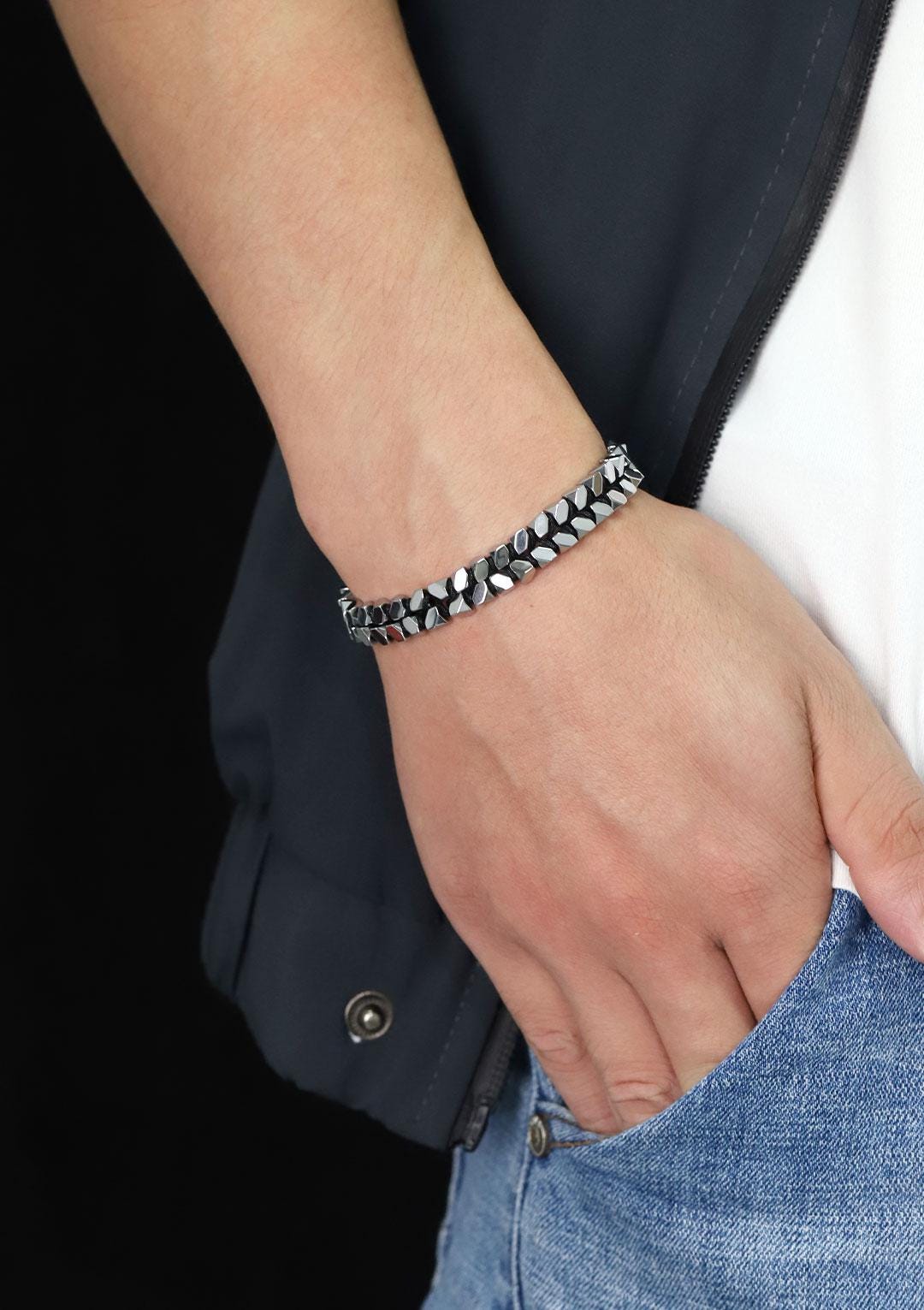 Handmade Zigzag Hematite Men's Bracelet, Adjustable Gemstone Jewelry