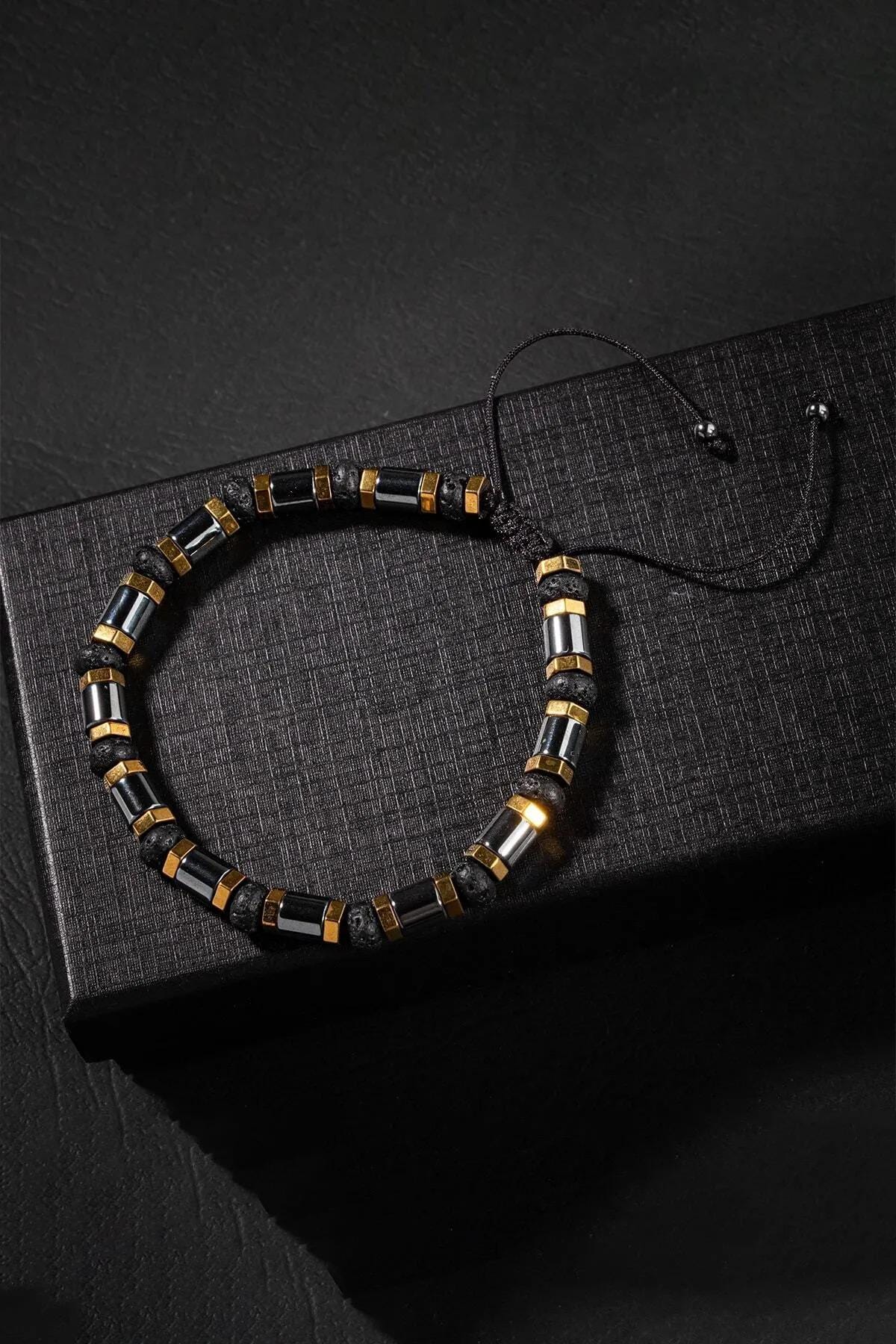 Handmade Black Bracelet with Natural Hematite and Lava Stones
