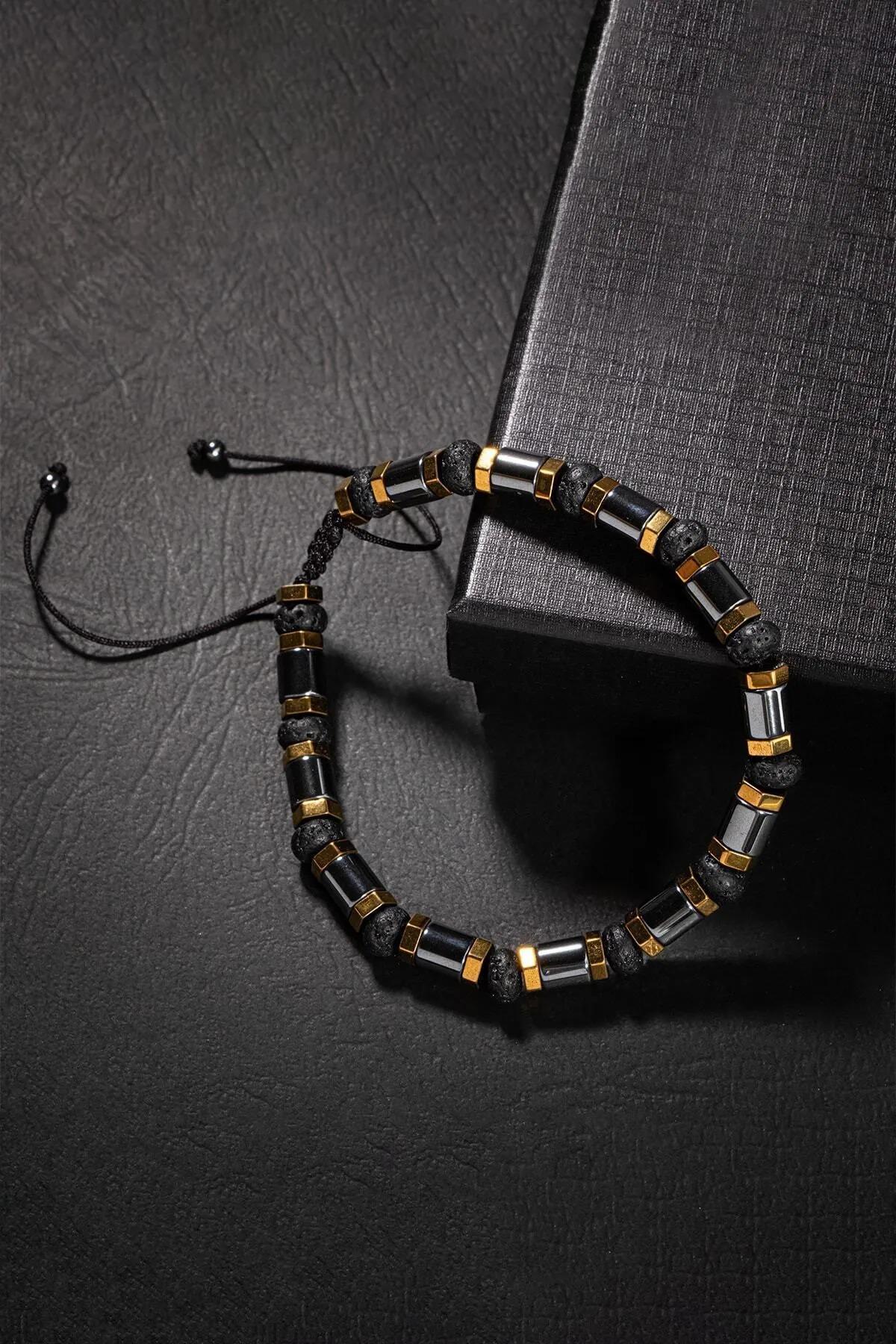 Handmade Black Bracelet with Natural Hematite and Lava Stones