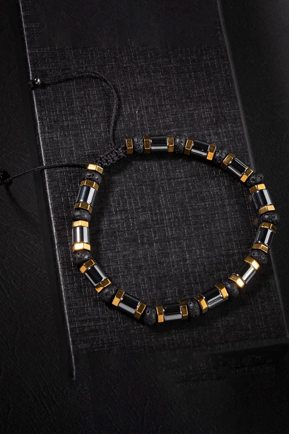 Handmade Black Bracelet with Natural Hematite and Lava Stones