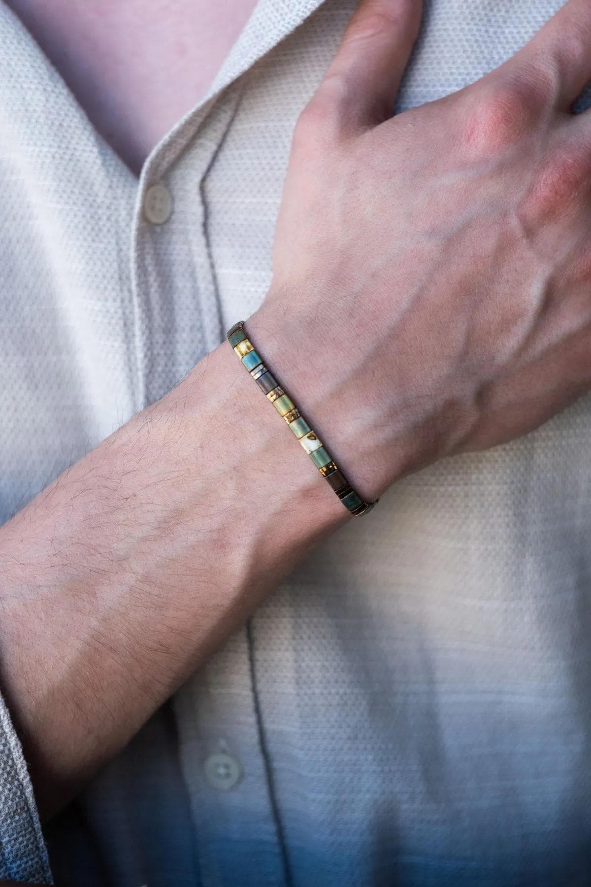 Handmade Aqua Green Unisex Bracelet with Rectangular-Cut Natural Stones