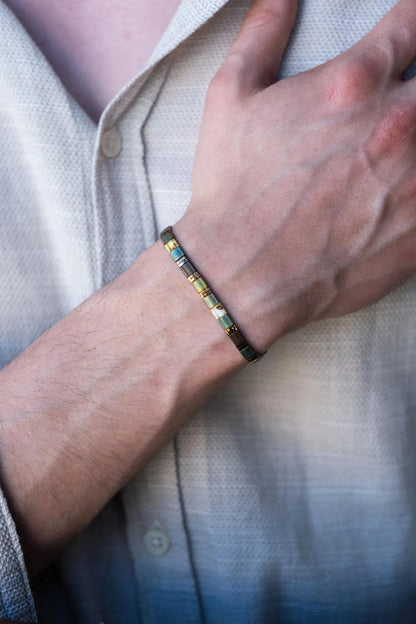 Handmade Aqua Green Unisex Bracelet with Rectangular-Cut Natural Stones