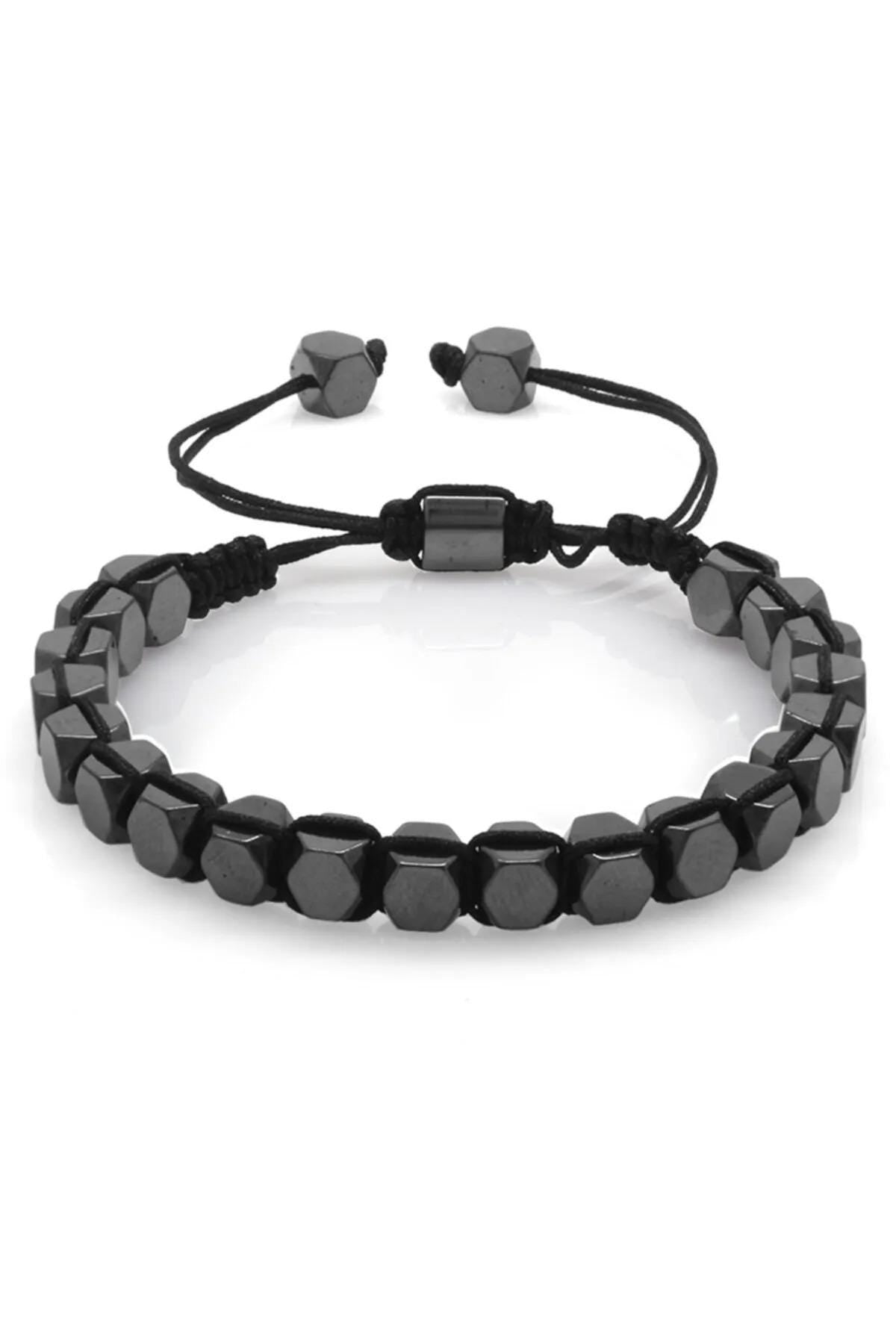Men's Hexagonal Hematite Natural Stone Bracelet – Sleek Macrame Design