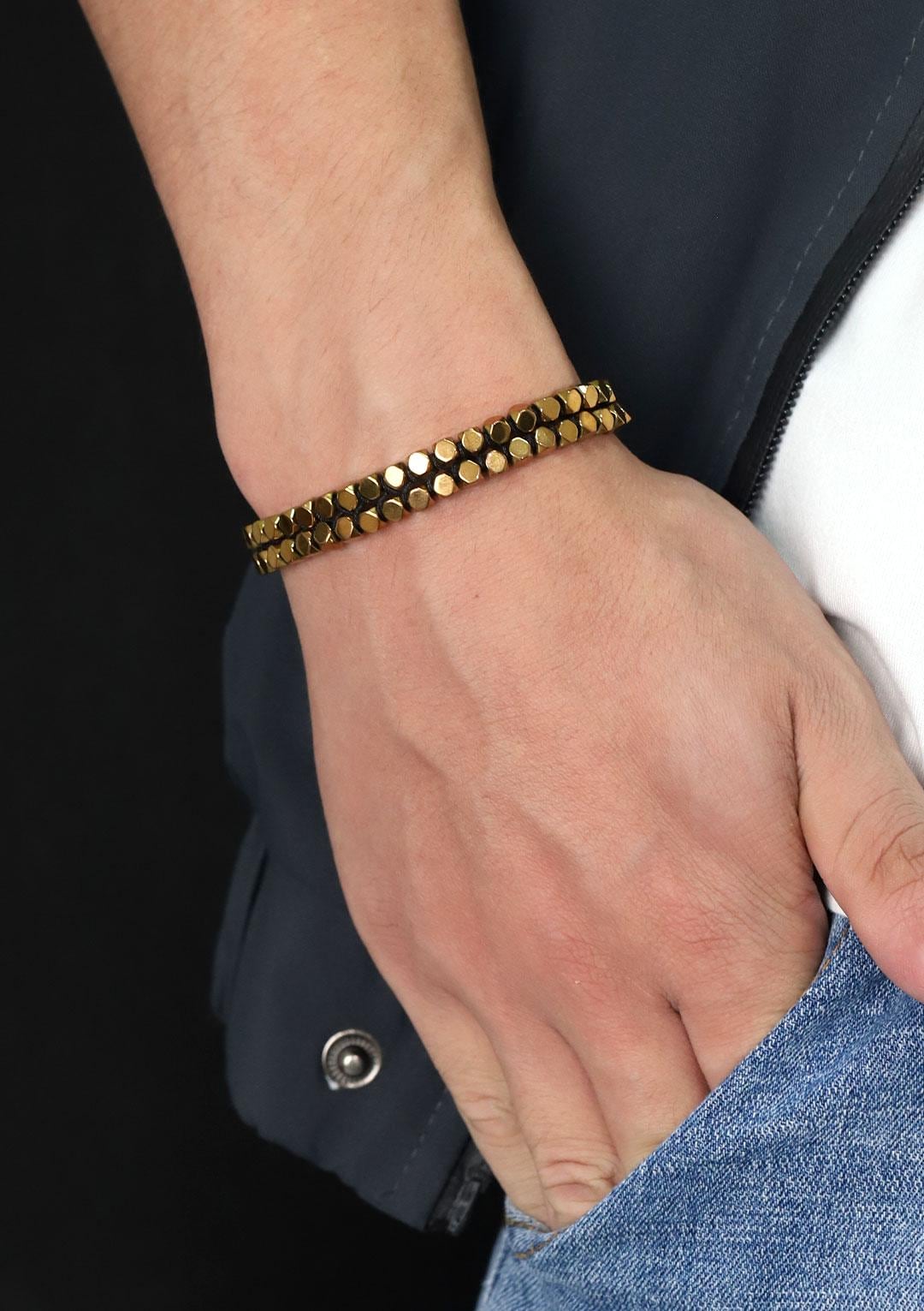 Handcrafted Bronze Hematite Stone Bracelet: Minimalist Men's Jewelry
