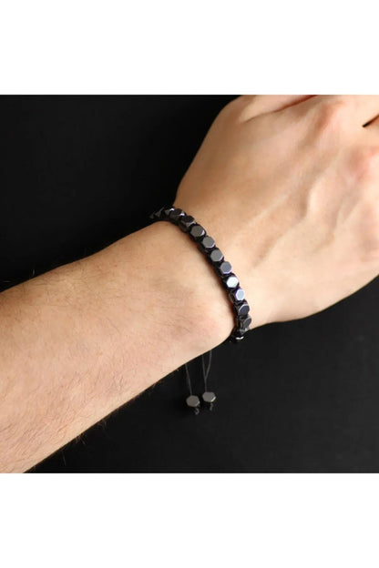 Men's Hexagonal Hematite Natural Stone Bracelet – Sleek Macrame Design