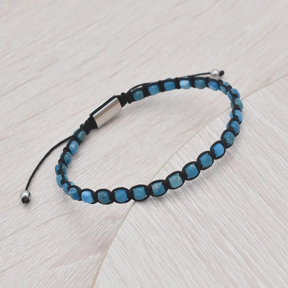 Men’s Blue Apatite Stone Bracelet – Handmade Natural Gemstone Wristwear – Adjustable Minimalist Jewelry for Positive Energy
