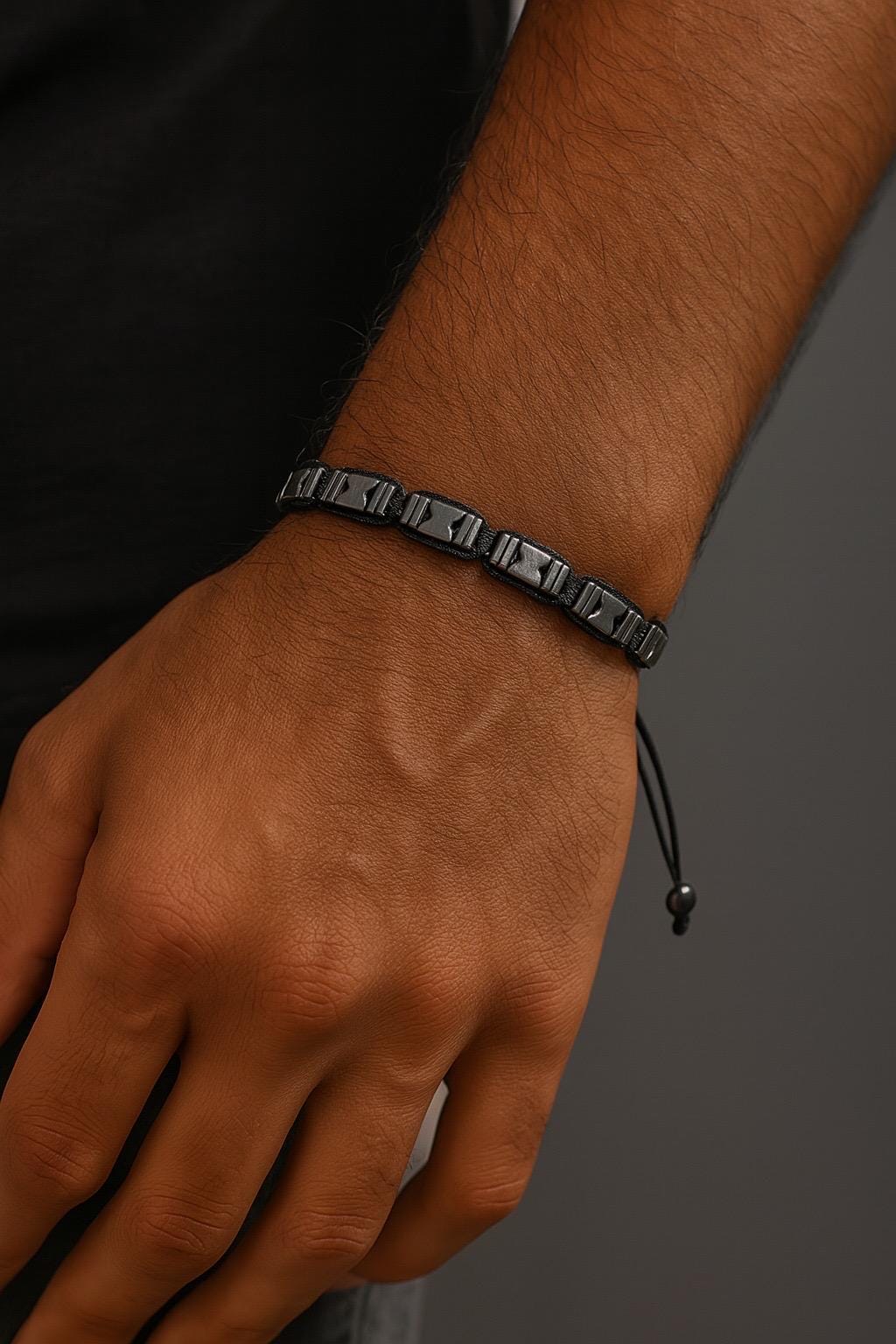 Men's Black Hematite Macrame Bracelet: Symmetrical Braided Stone Design