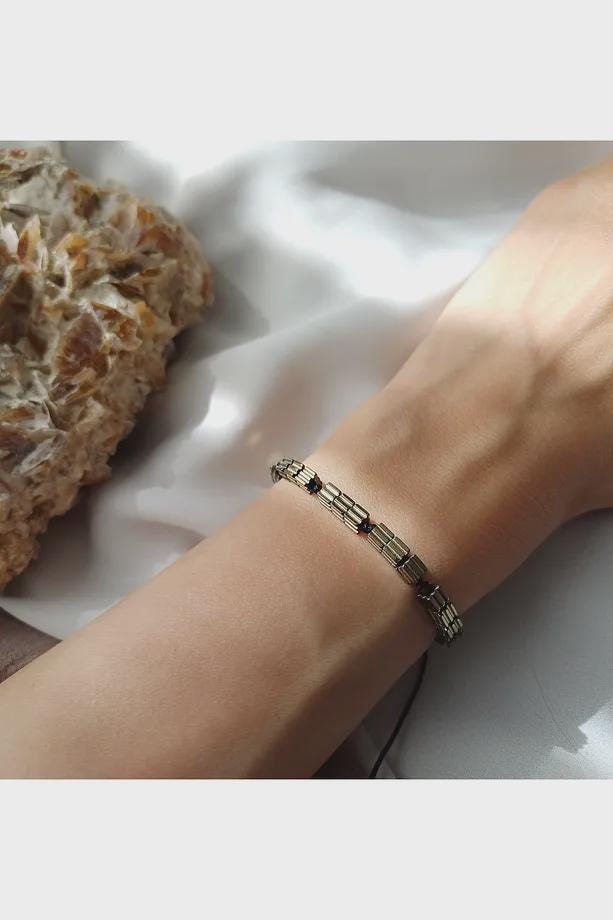 Gold Unisex Hematite Bracelet – Natural Stone Minimalist Jewelry , Adjustable Fit, Energy , Grounding Gift
