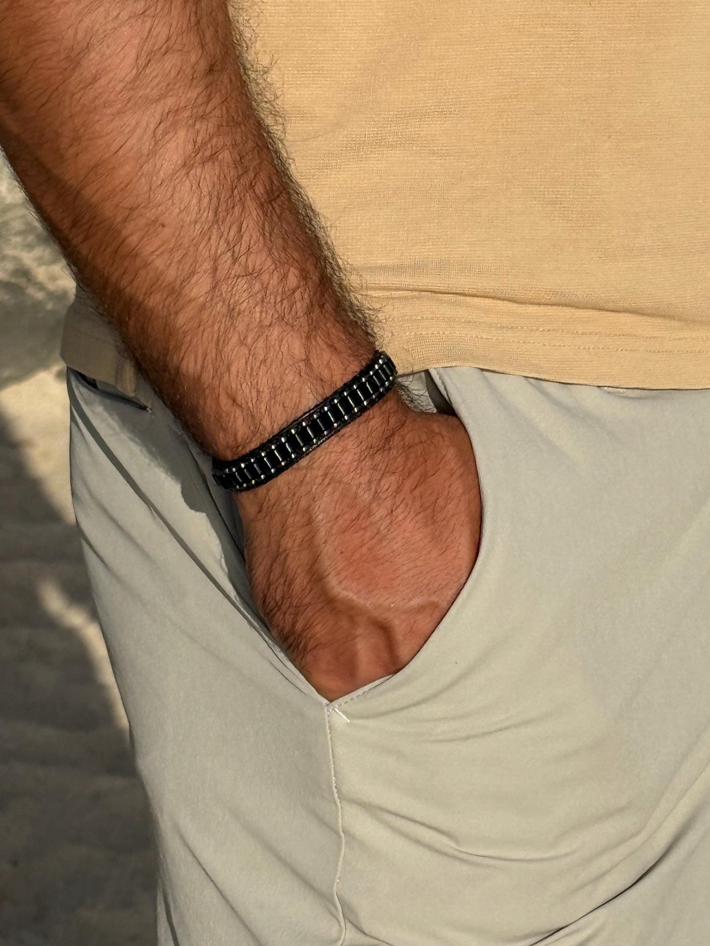Polished Black Agate Bracelet for Men: Minimalist Cylinder Stone Jewelry
