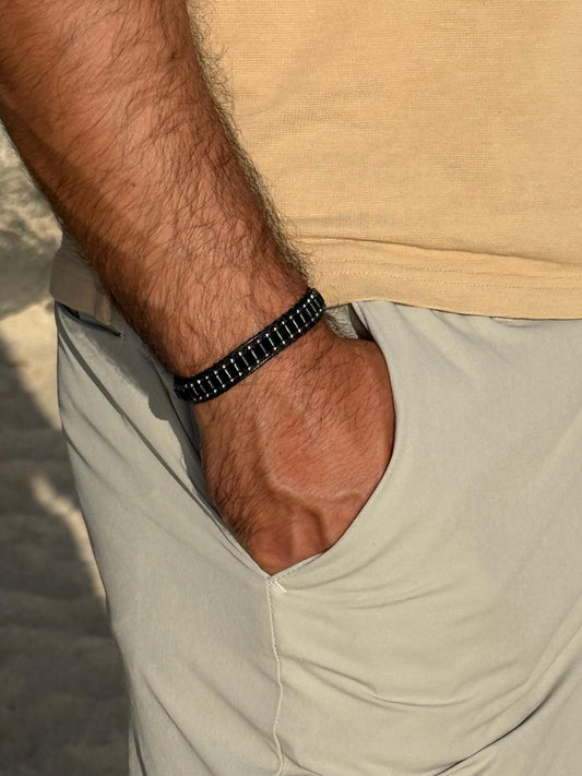 Polished Black Agate Bracelet for Men: Minimalist Cylinder Stone Jewelry