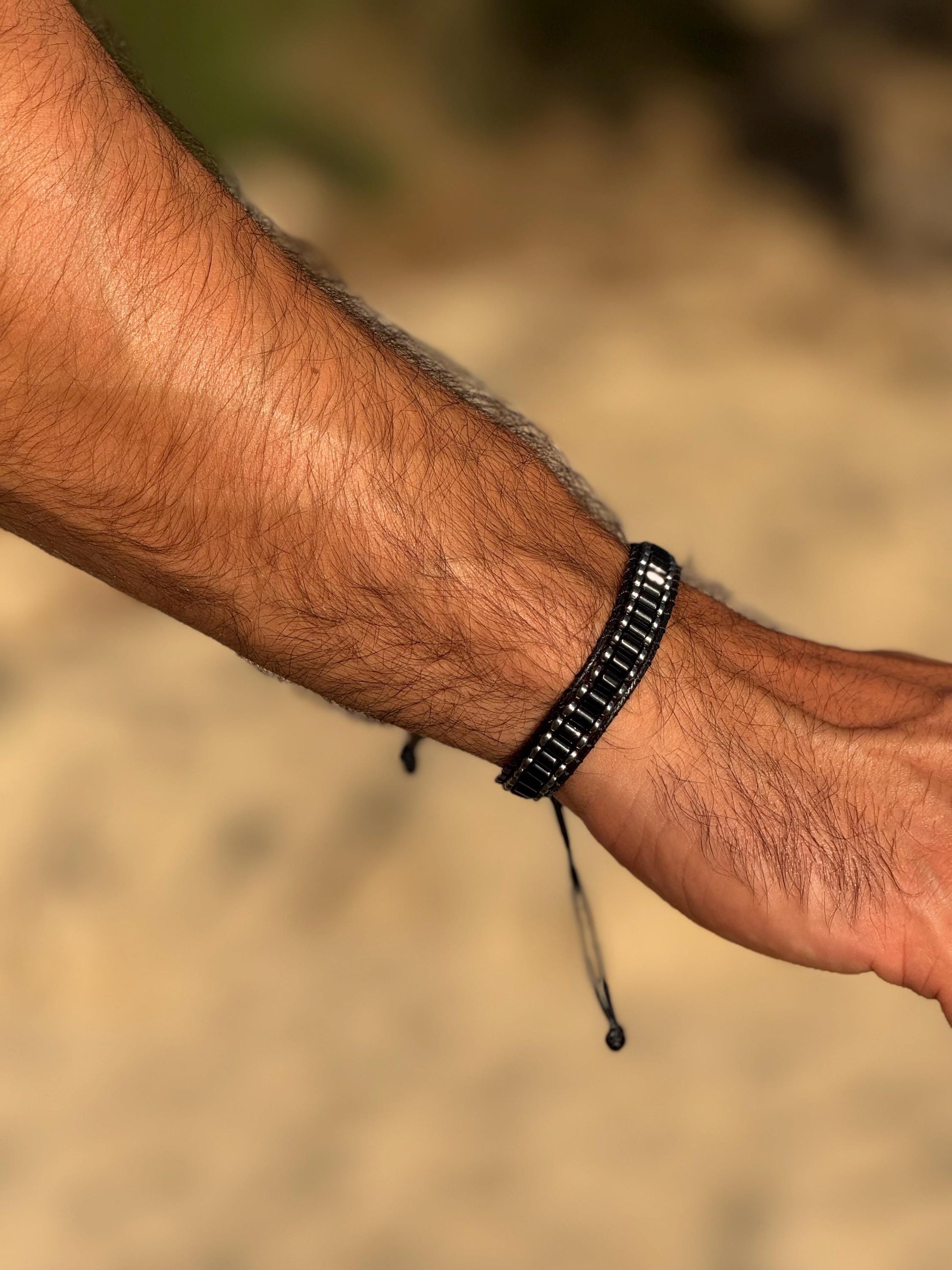 Polished Black Agate Bracelet for Men: Minimalist Cylinder Stone Jewelry
