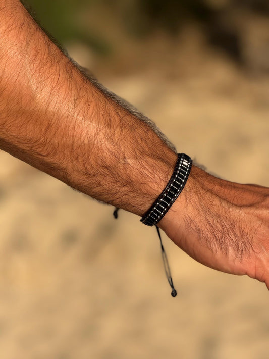 Polished Black Agate Bracelet for Men: Minimalist Cylinder Stone Jewelry