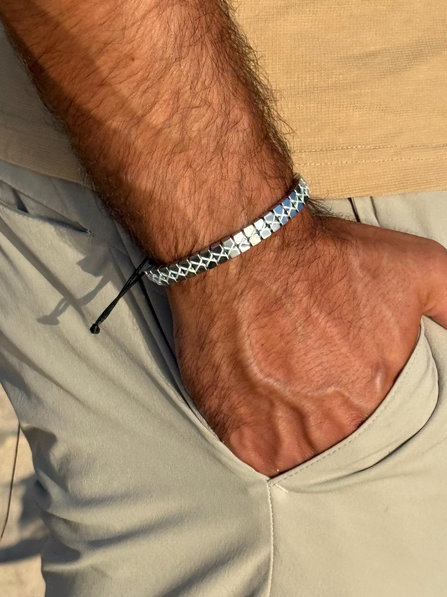 Men's Handmade Silver Hematite Stone Bracelet: Minimalist Woven Design