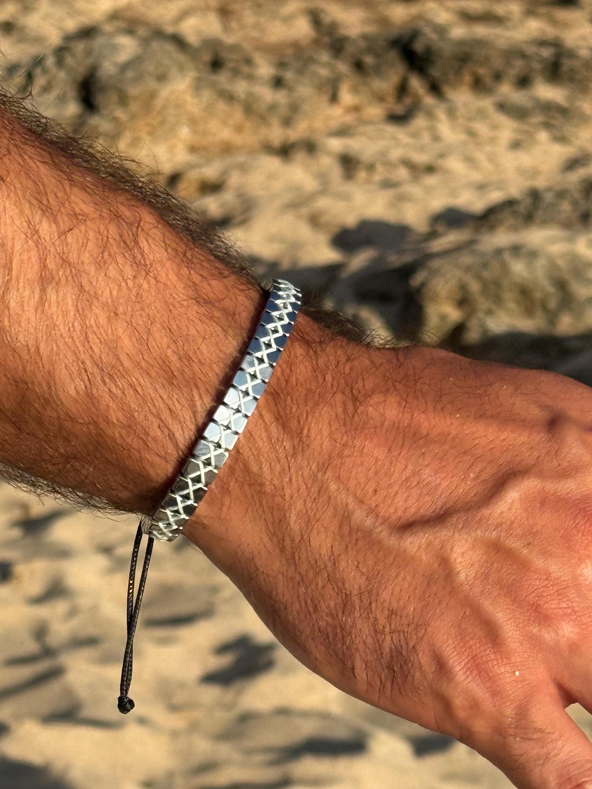 Men's Handmade Silver Hematite Stone Bracelet: Minimalist Woven Design