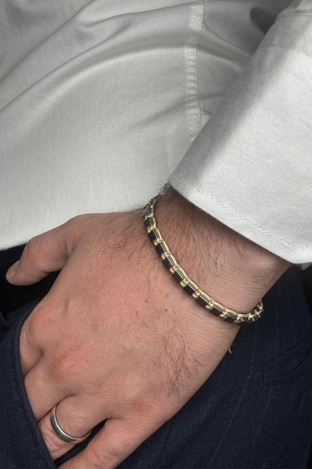 Handmade Cream Macrame Bracelet: Hematite Cube Stone, Adjustable Fit