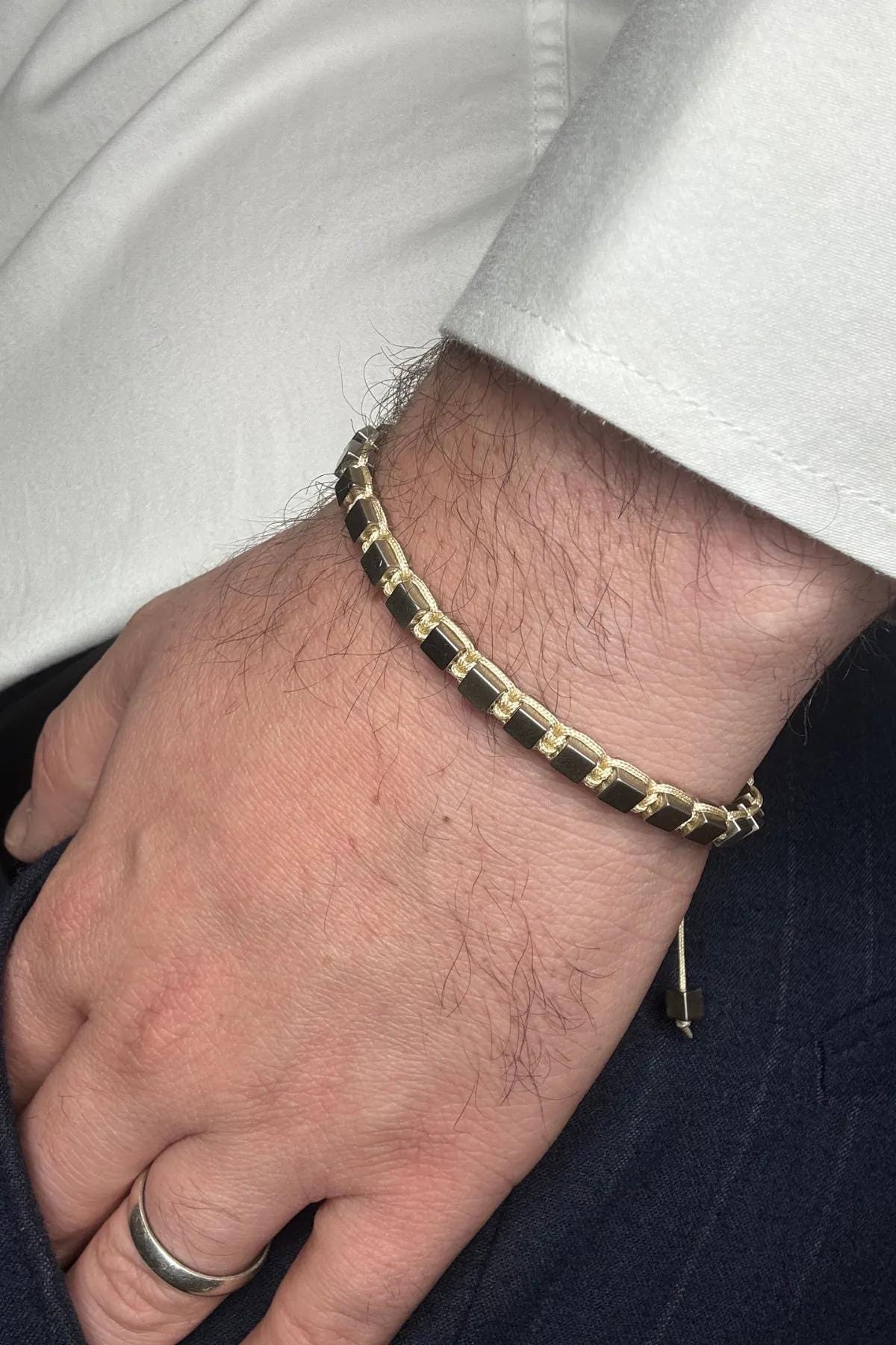 Handmade Cream Macrame Bracelet: Hematite Cube Stone, Adjustable Fit