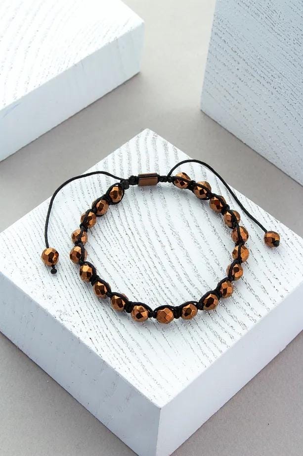 Handmade Men's Copper Hematite Macrame Bracelet – Handcrafted Adjustable Gem Stone Bracelet