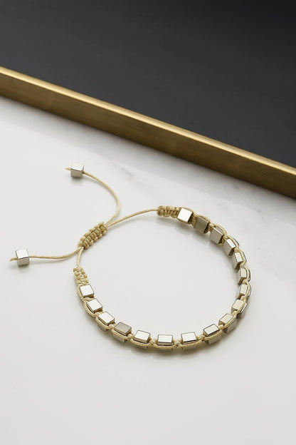 Handmade Cream Macrame Bracelet: Hematite Cube Stone, Adjustable Fit