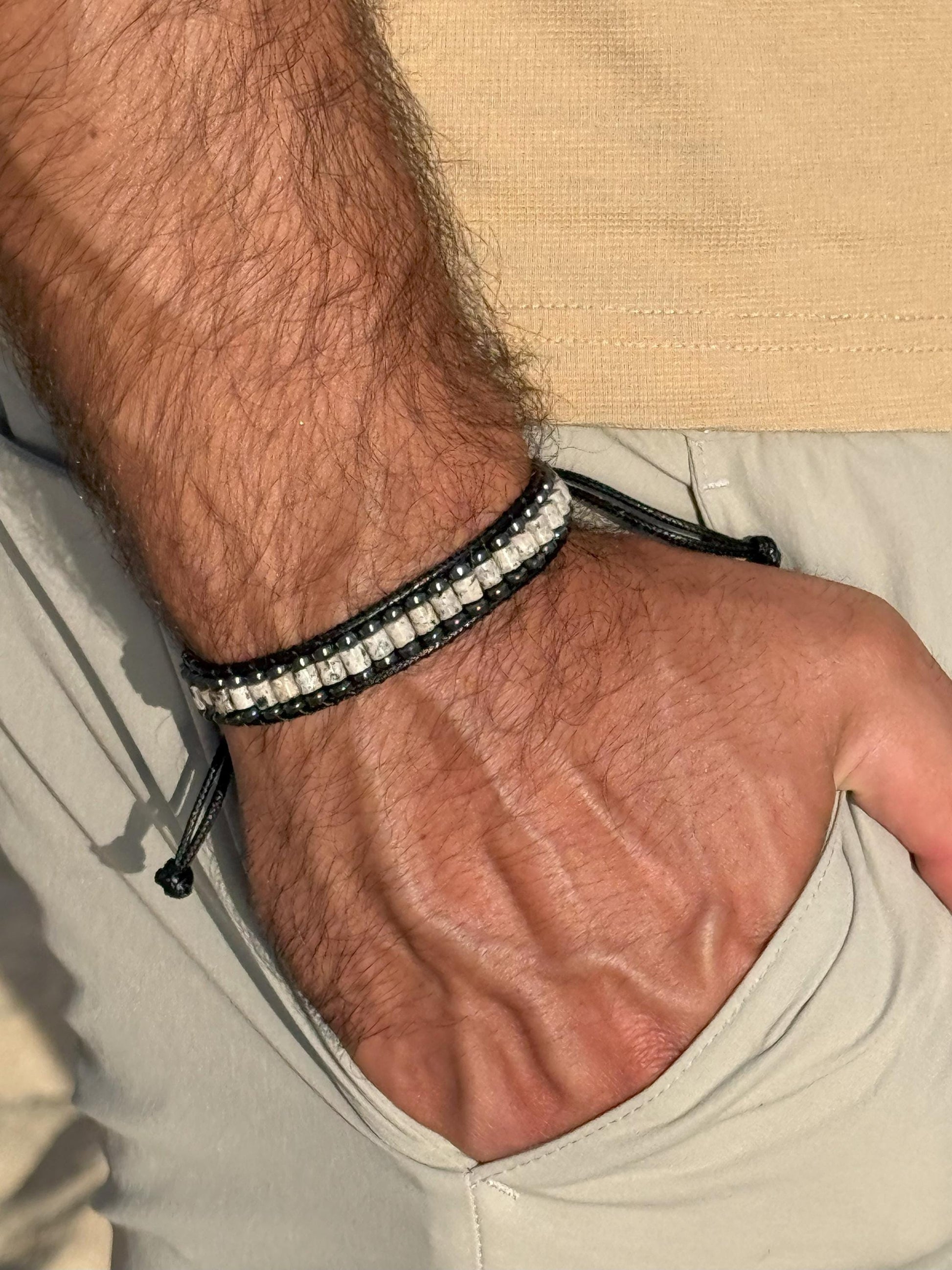 Men’s Dalmatian Jasper Bracelet – Natural Stone Energy Jewelry, Adjustable Cord for Grounding & Protection