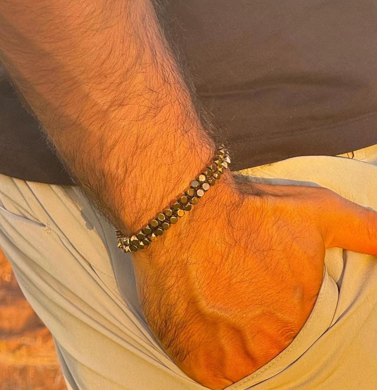 Handcrafted Bronze Hematite Stone Bracelet: Minimalist Men's Jewelry